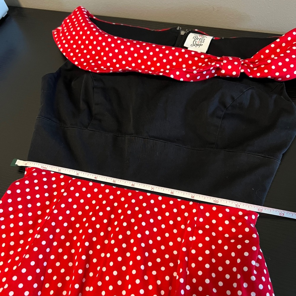 Disney Parks The Dress Shop Minnie Mouse Polka Dot Dress Red Black XS Retro Bow - Picture 13 of 13